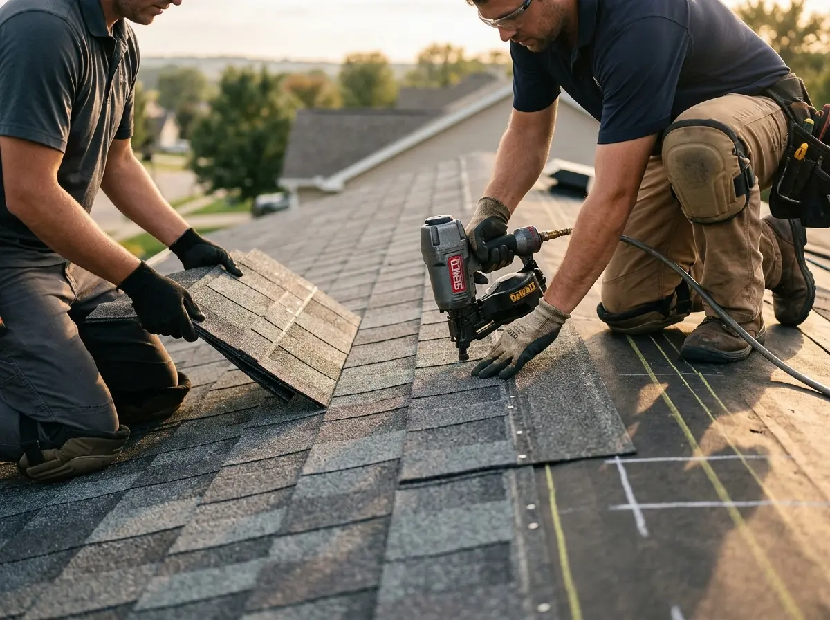 Professional roofer working on a residential roof in Starke